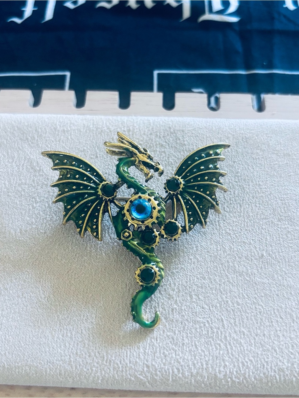 Green Dragon Steampunk Brooch with Blue Accent